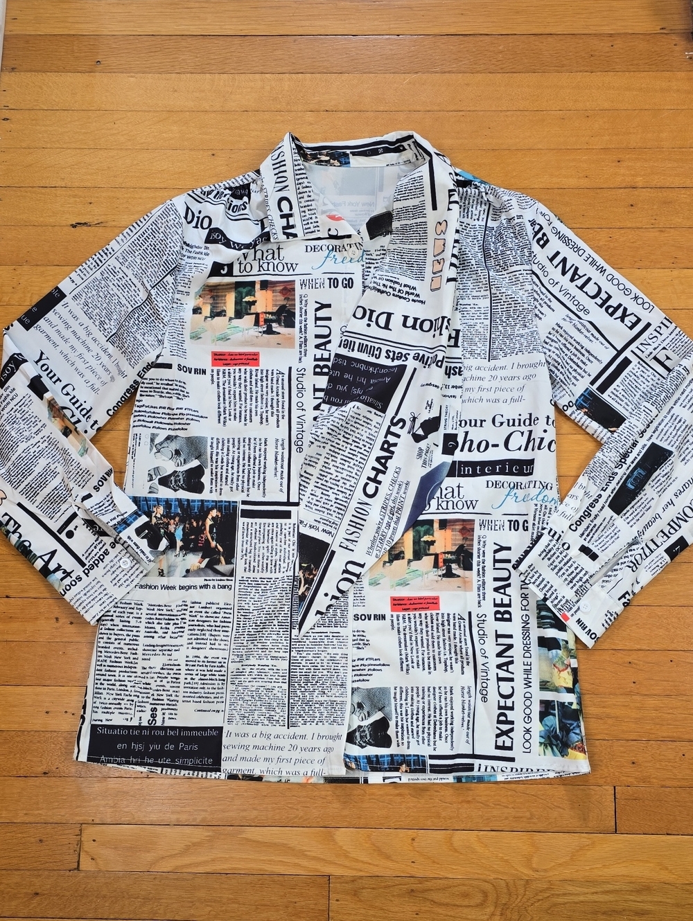 Unbranded, Newspaper Print Asymmetric Scarf Blouse, White & Black, EUC Women's M